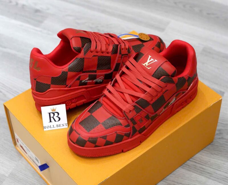 Giày Louis Vuitton LV Trainer Sneaker Damier Pop Rojo Hombre Like Auth