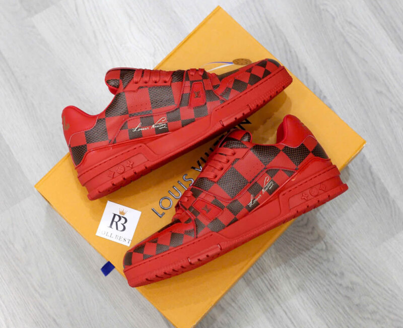 Giày Louis Vuitton LV Trainer Sneaker Damier Pop Rojo Hombre Like Auth